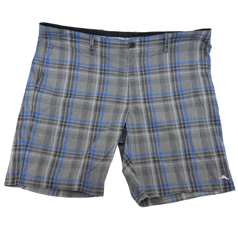 Tommy Bahama Plaid Shorts Mens 42 Grey Blue Performance Stretch Golf Flat Front